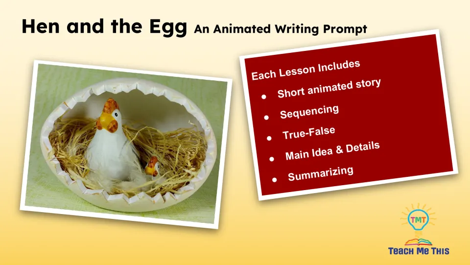Lesson overview lists a short animated story, sequencing, true-false, main idea and details, and summarizing.
