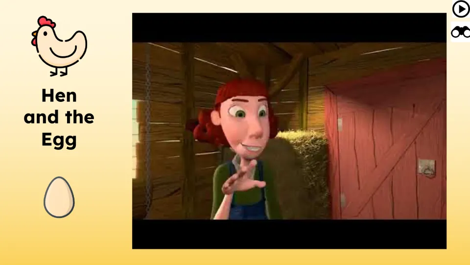 Animated short-film slide shows a woman inside a barn and includes a play icon for the story video.