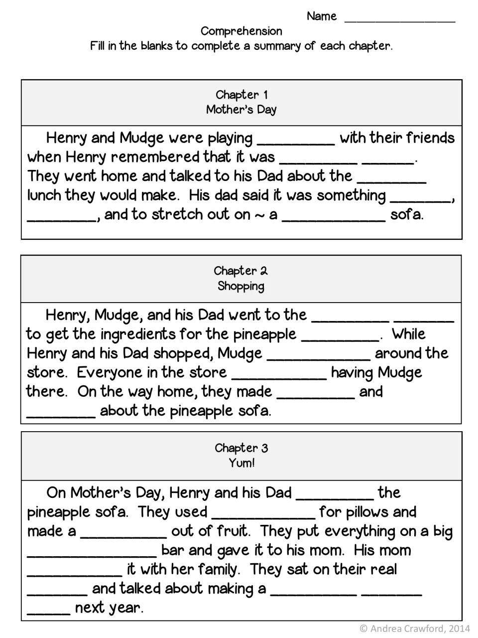 Chapter summaries: students fill in single missing words in summaries of Mother's Day, Shopping and Yum! chapters