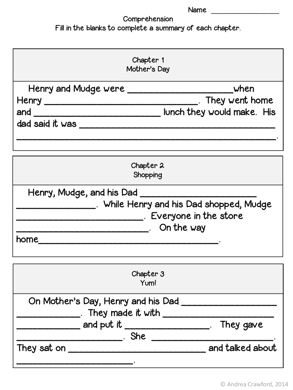 Chapter summaries with longer blanks: students complete each sentence about the three chapters in their own words
