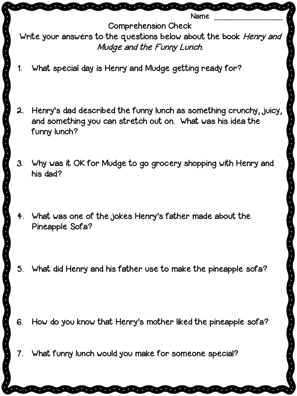 Comprehension check: students answer 7 questions on Mother's Day, the pineapple sofa, the grocery trip and Mom's reaction