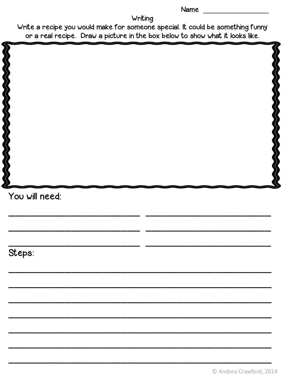 Recipe writing: students draw a dish for someone special, then list ingredients under 'You will need' and write the steps