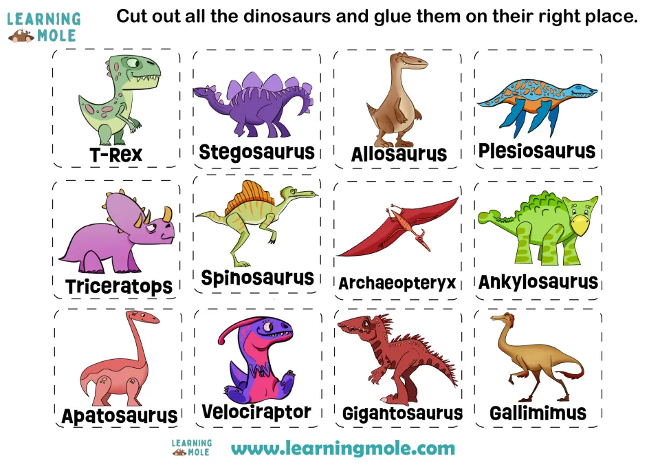Dinosaur diet cards: students cut out 12 labelled dinosaurs such as T-Rex, Triceratops and Spinosaurus to glue on the mat