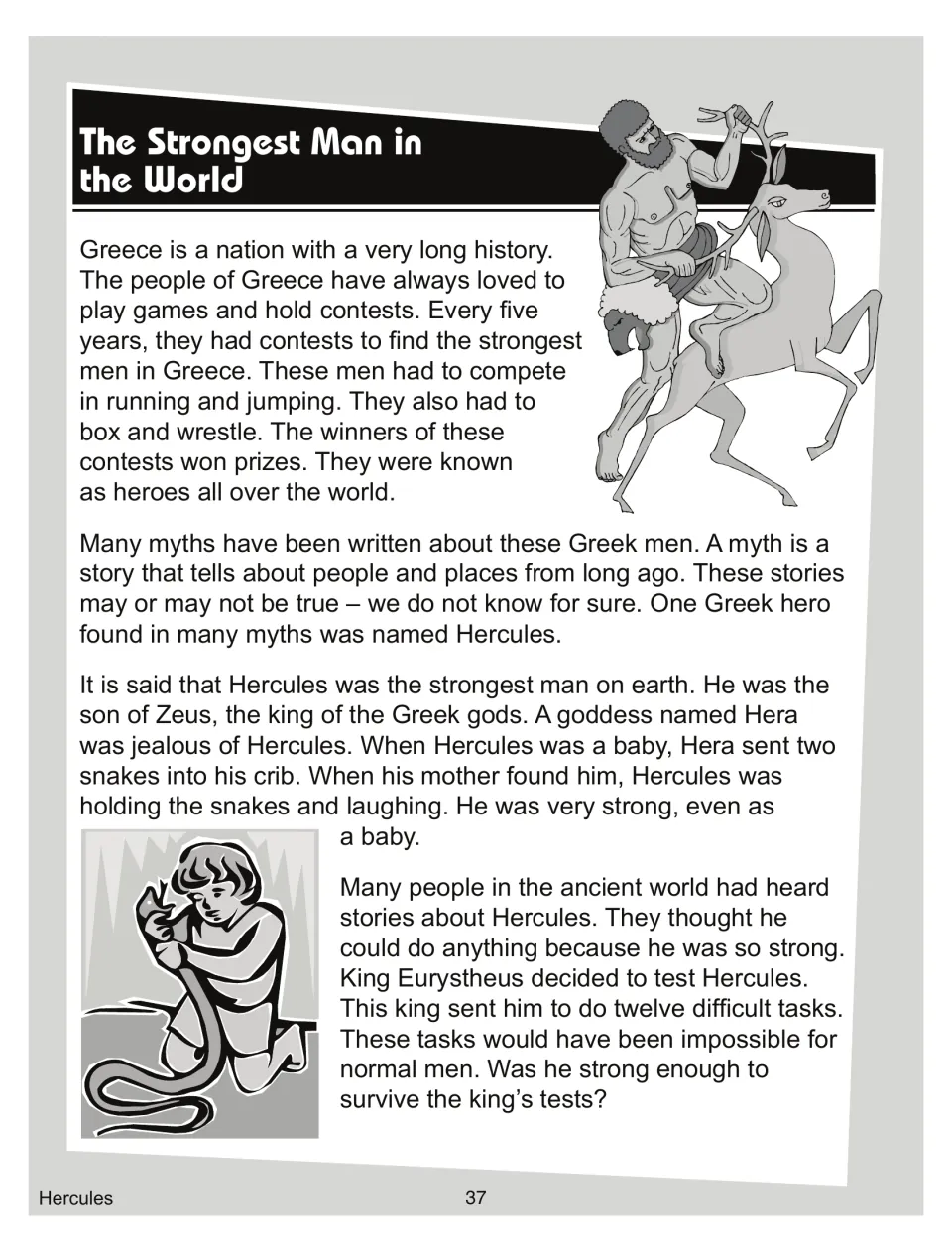 Greek myth reading passage: ancient contests, what a myth is, baby Hercules and the snakes, and the king's 12 tasks