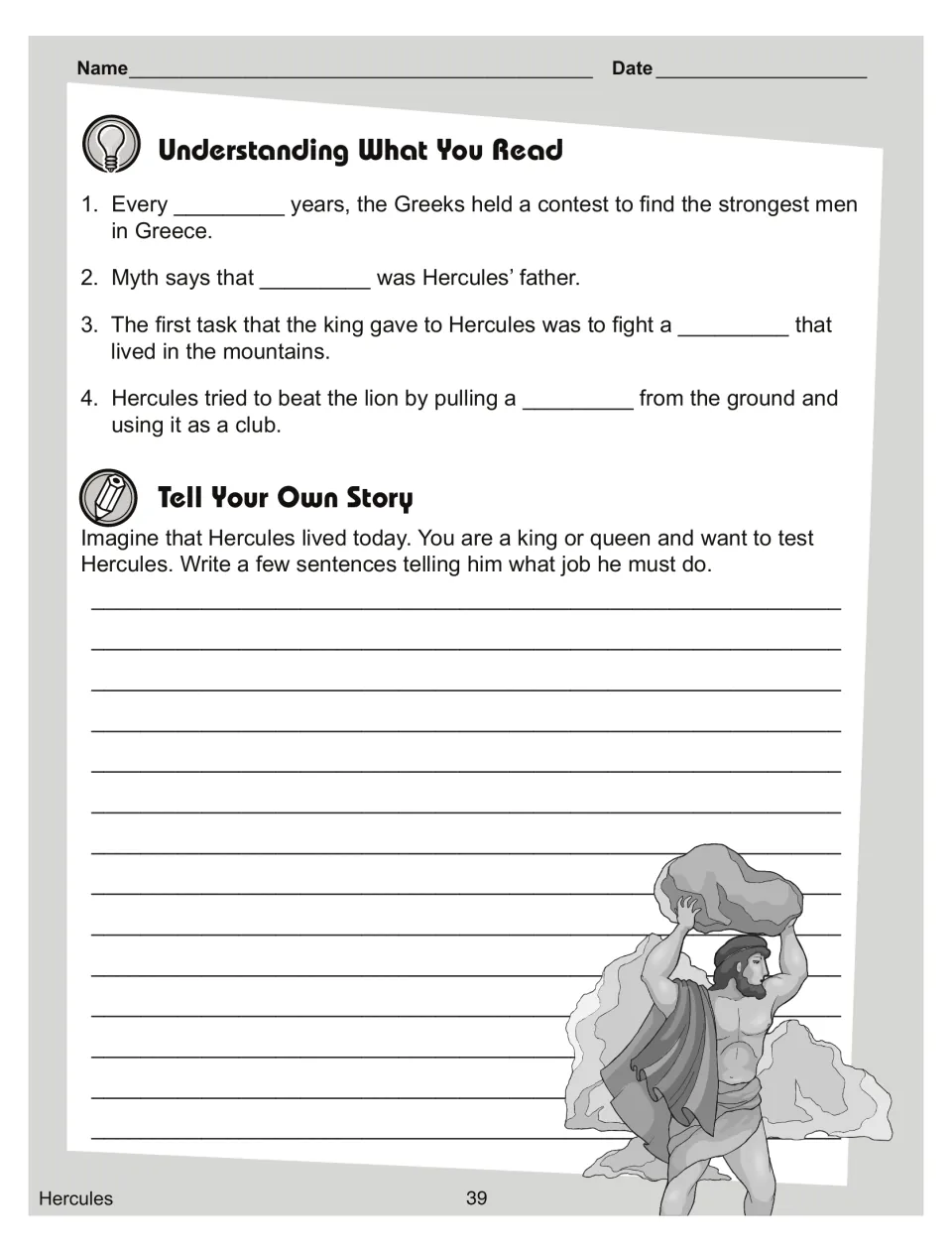 Reading comprehension: students fill in four story blanks, then write a job they would set Hercules as a king or queen
