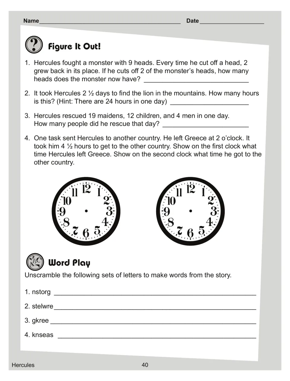 Hercules math and word play: students solve story word problems, draw times on two clocks and unscramble four story words