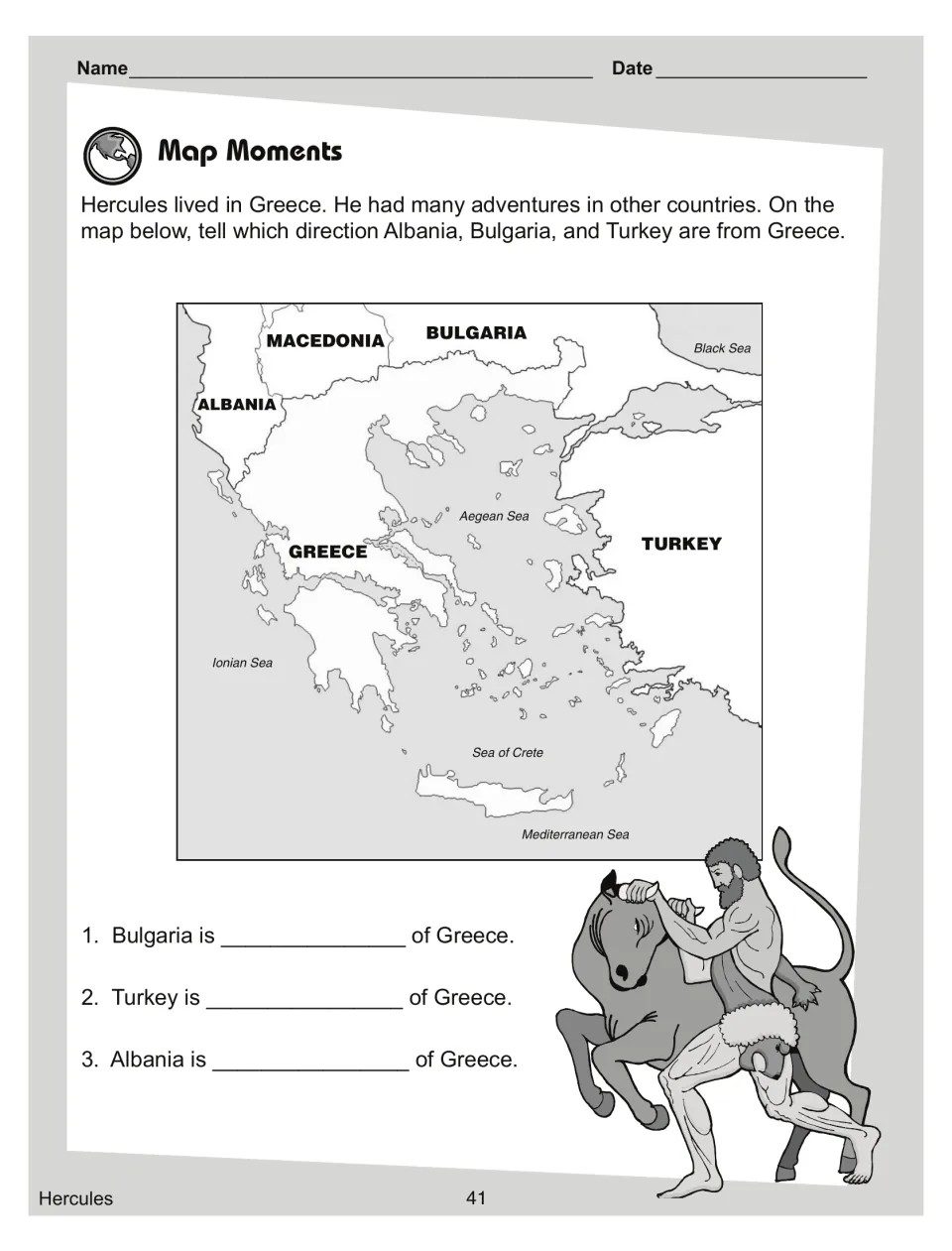Map skills: students use a map of Greece to write which direction Bulgaria, Turkey and Albania lie from Greece