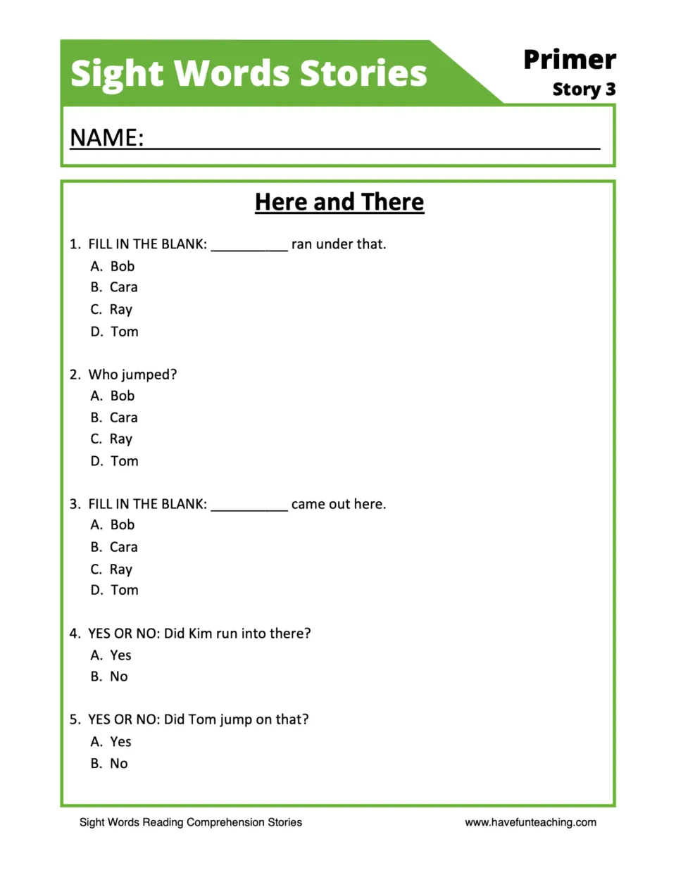 Comprehension worksheet: three multiple-choice questions and two yes-or-no questions about the passage.