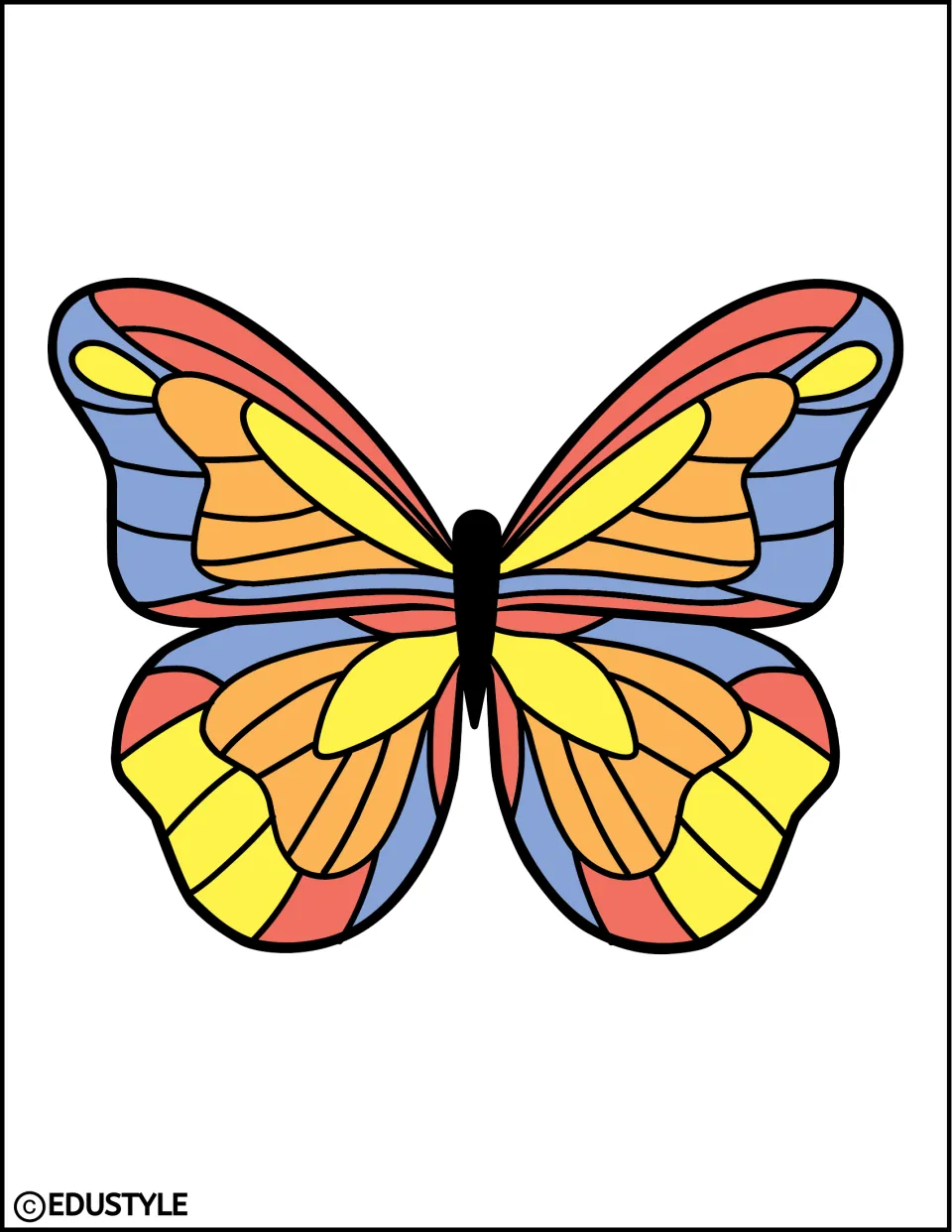 Spring butterfly decoration: one large butterfly with red, blue, orange and yellow striped wings to cut out for a display