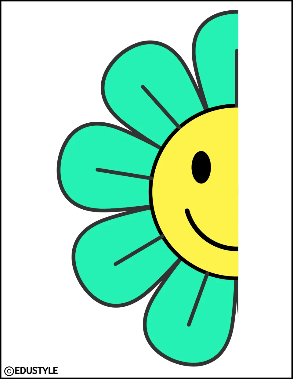 Cut-out piece: left half of a large turquoise smiley flower with one eye and half a smile, to join with its right half