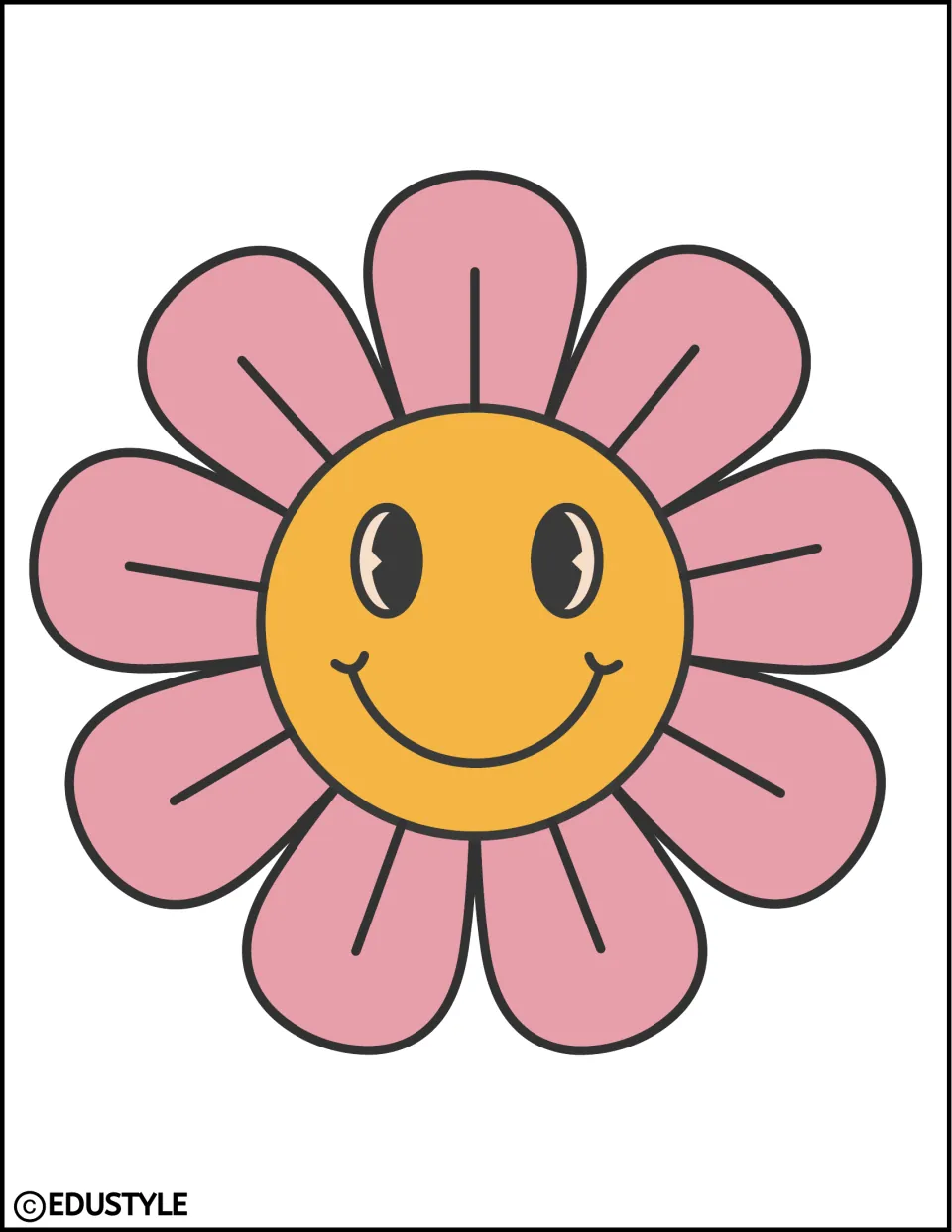 Retro smiley flower decoration: pink petals around an orange face with big shiny eyes and a curved smile, ready to cut out