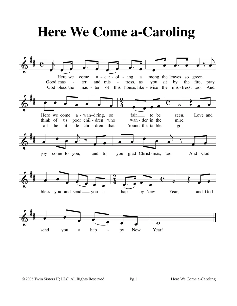 Here We Come a-Caroling carol: students sing or play the D major melody, reading 3 verses of lyrics and 4/4 to 2/4 shifts