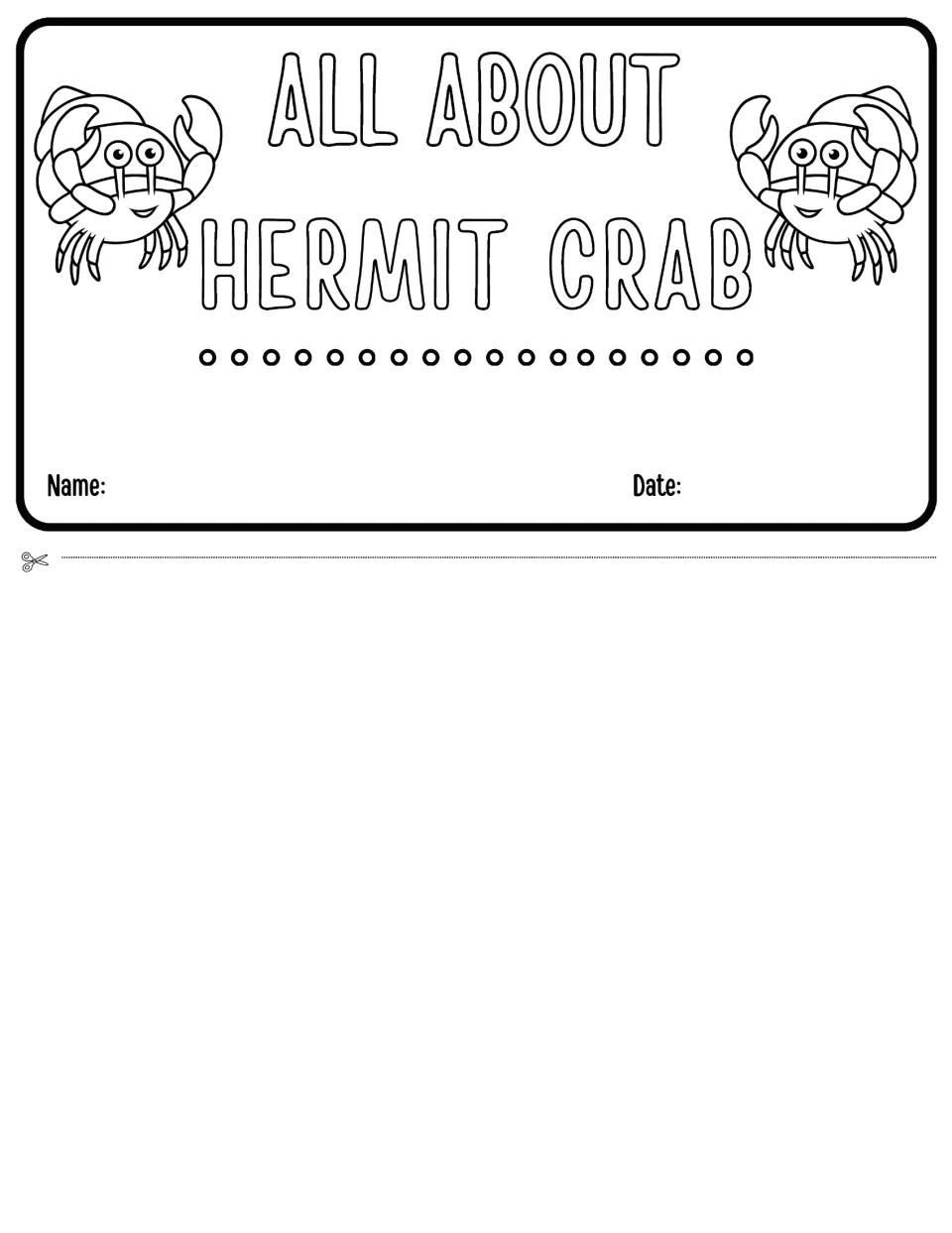 All About Hermit Crab flipbook cover with two smiling hermit crab drawings to color, plus name and date to fill in