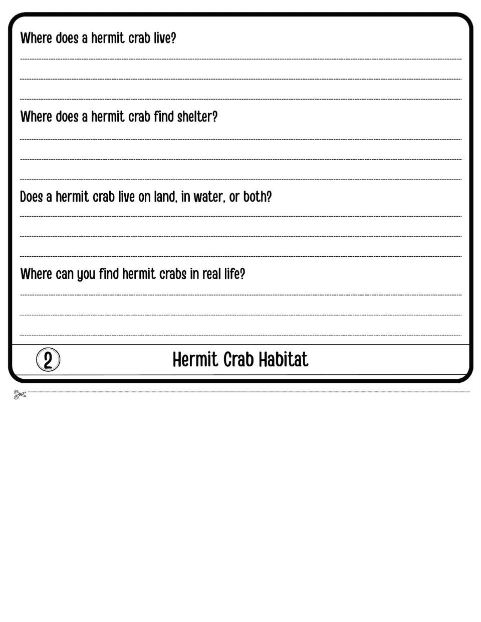 Hermit Crab Habitat, flap 2: students write where hermit crabs live, find shelter, and if they live on land or in water