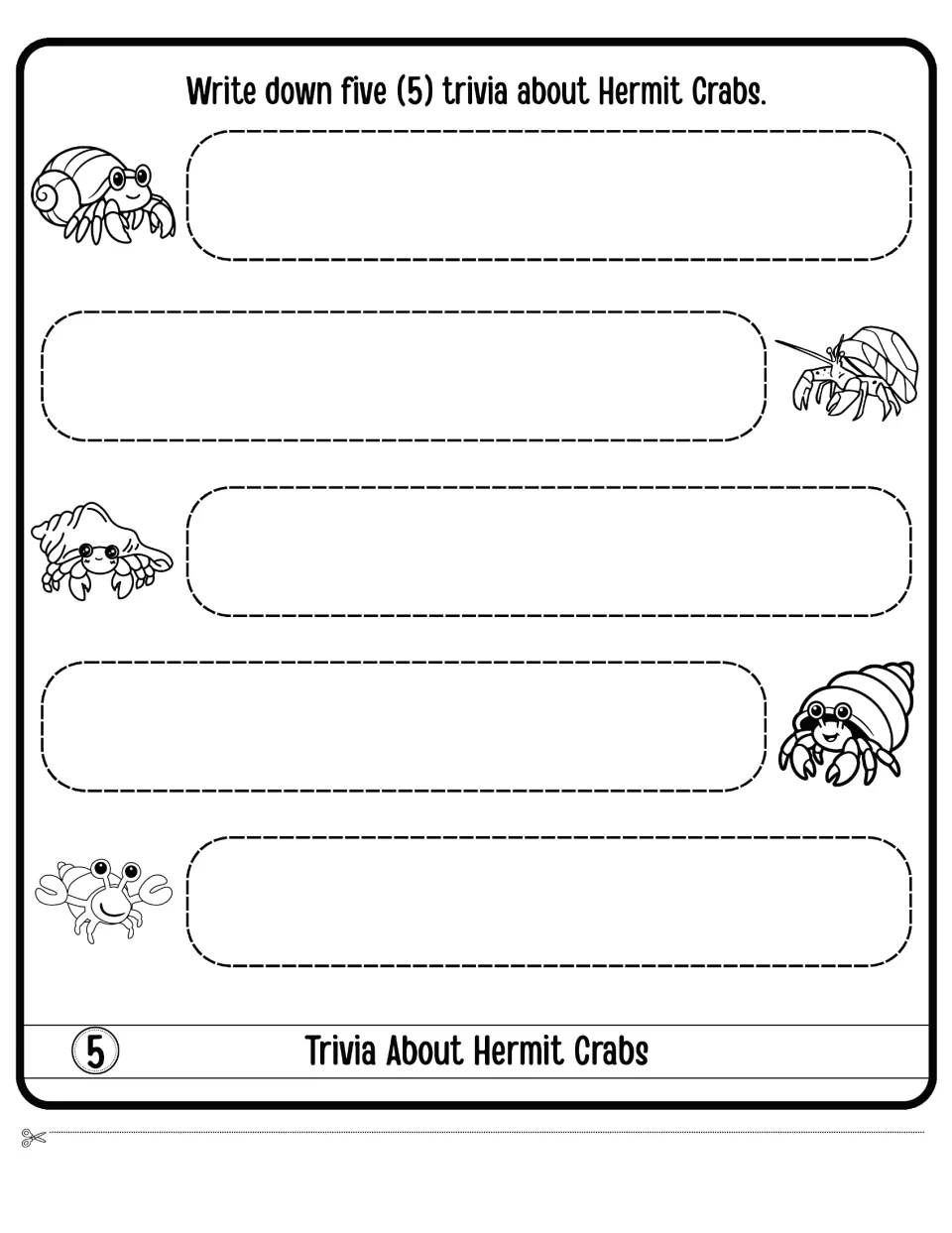 Trivia About Hermit Crabs, flap 5: students write down five trivia facts, one in each space beside a crab drawing