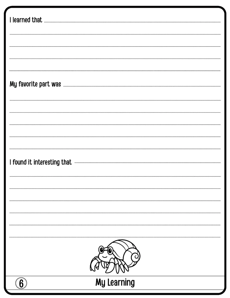 My Learning, flap 6: students reflect by finishing I learned that, My favorite part was and I found it interesting that