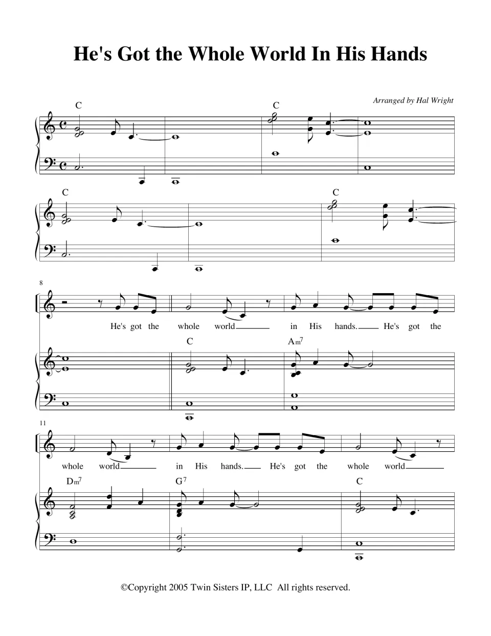Song arranged by Hal Wright: piano intro and first verse in C with melody, lyrics and chord symbols, bars 1 to 13