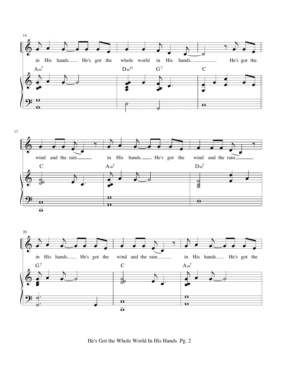 Bars 14 to 22: 'wind and the rain' verse with vocal melody, lyrics and piano part in C, chords Am7, Dm7 and G7