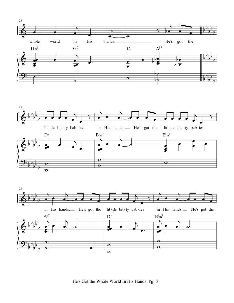 Bars 23 to 30: key change from C to D-flat for the 'little bitty babies' verse, vocal line with piano part and chords