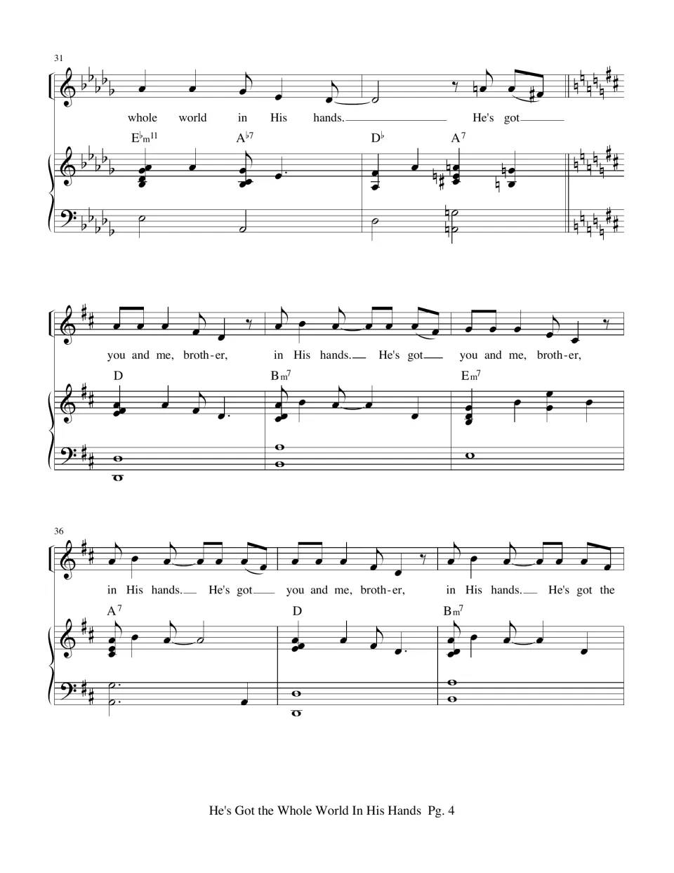 Bars 31 to 38: modulation from D-flat to D major for the 'you and me, brother' verse, voice and piano with chords