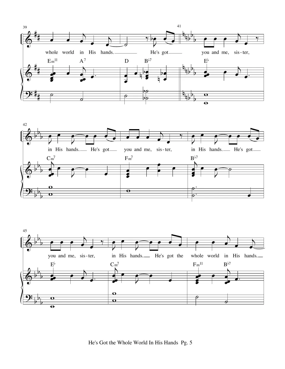 Bars 39 to 47: shift from D to E-flat major for the 'you and me, sister' verse, melody, lyrics and piano chords