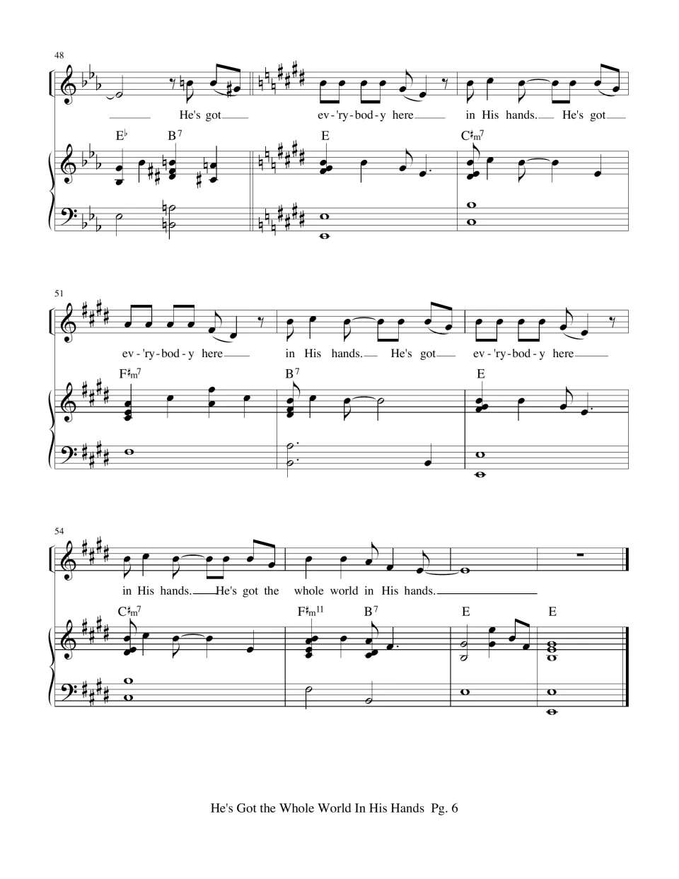 Final bars 48 to 57: key change to E major for the 'ev'rybody here' verse, ending on a held E chord