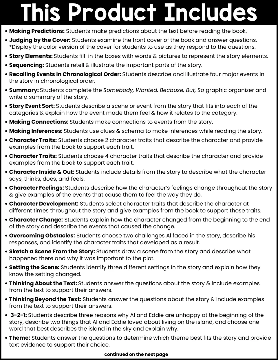 Activity list, part 1: descriptions of 22 reading tasks, from Making Predictions through Theme