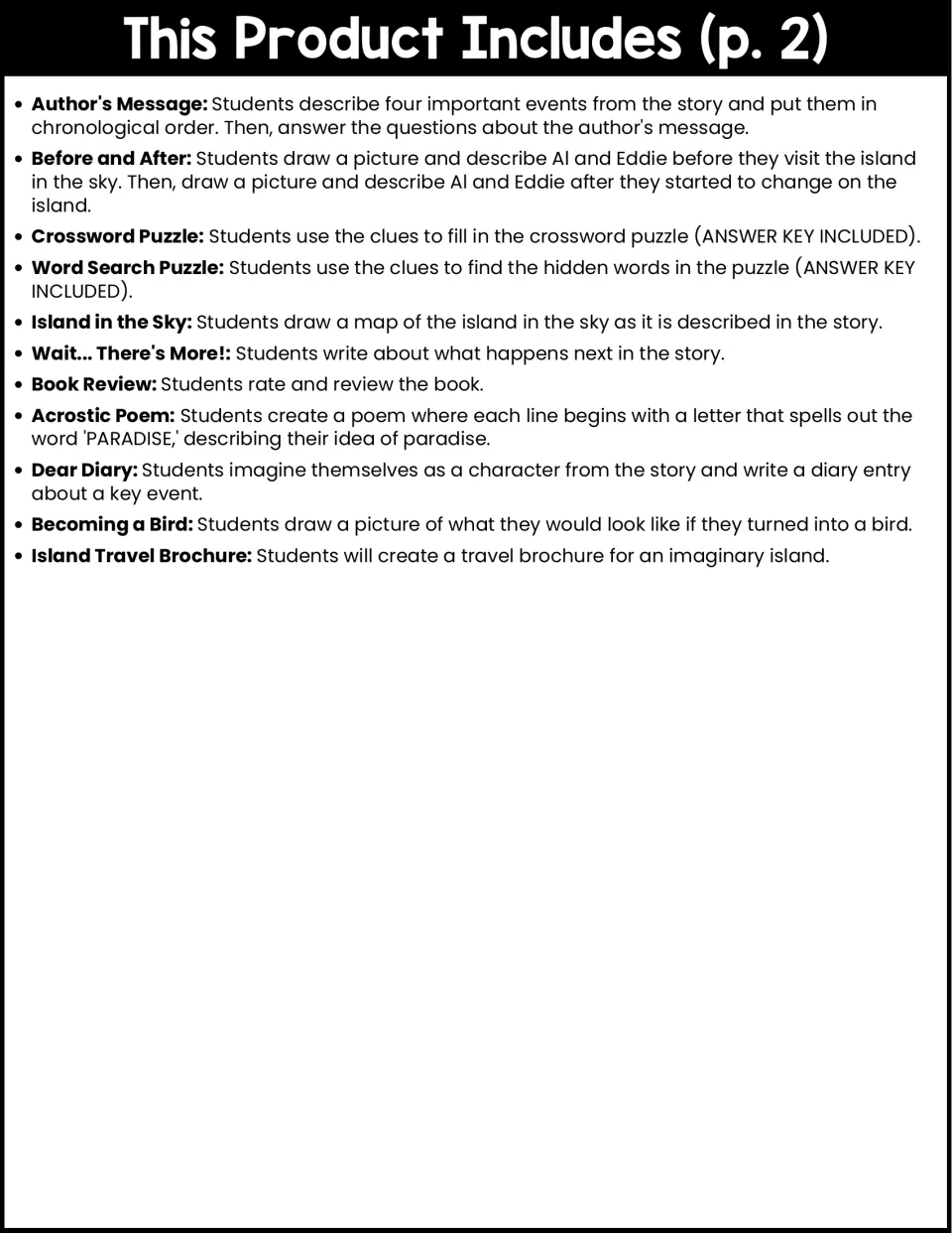 Activity list, part 2: 11 tasks, including Author's Message, Before and After, puzzles, and creative writing