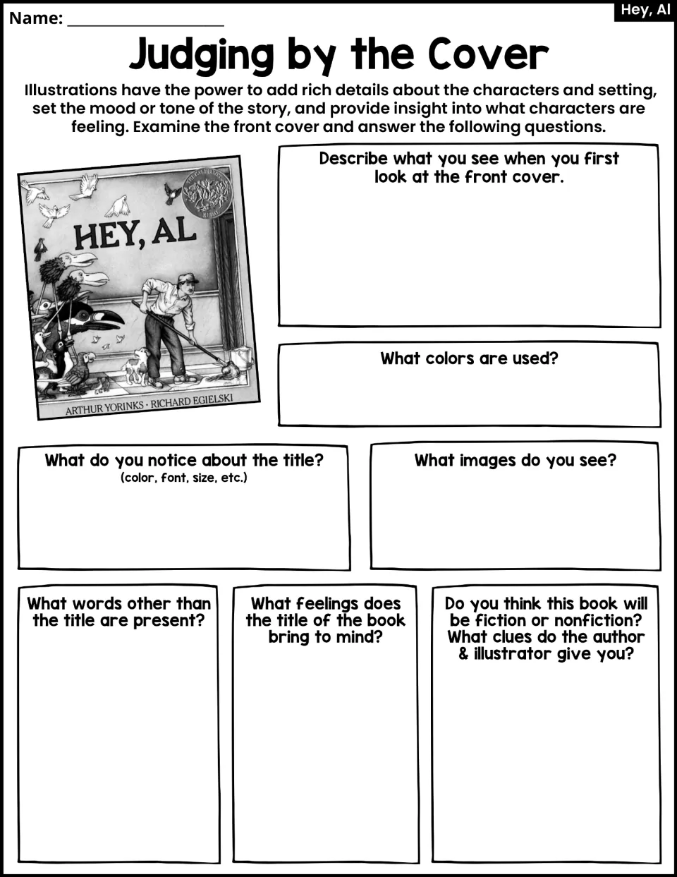 Judging by the Cover activity: examine the book cover's colors, title, images, feelings, and genre clues