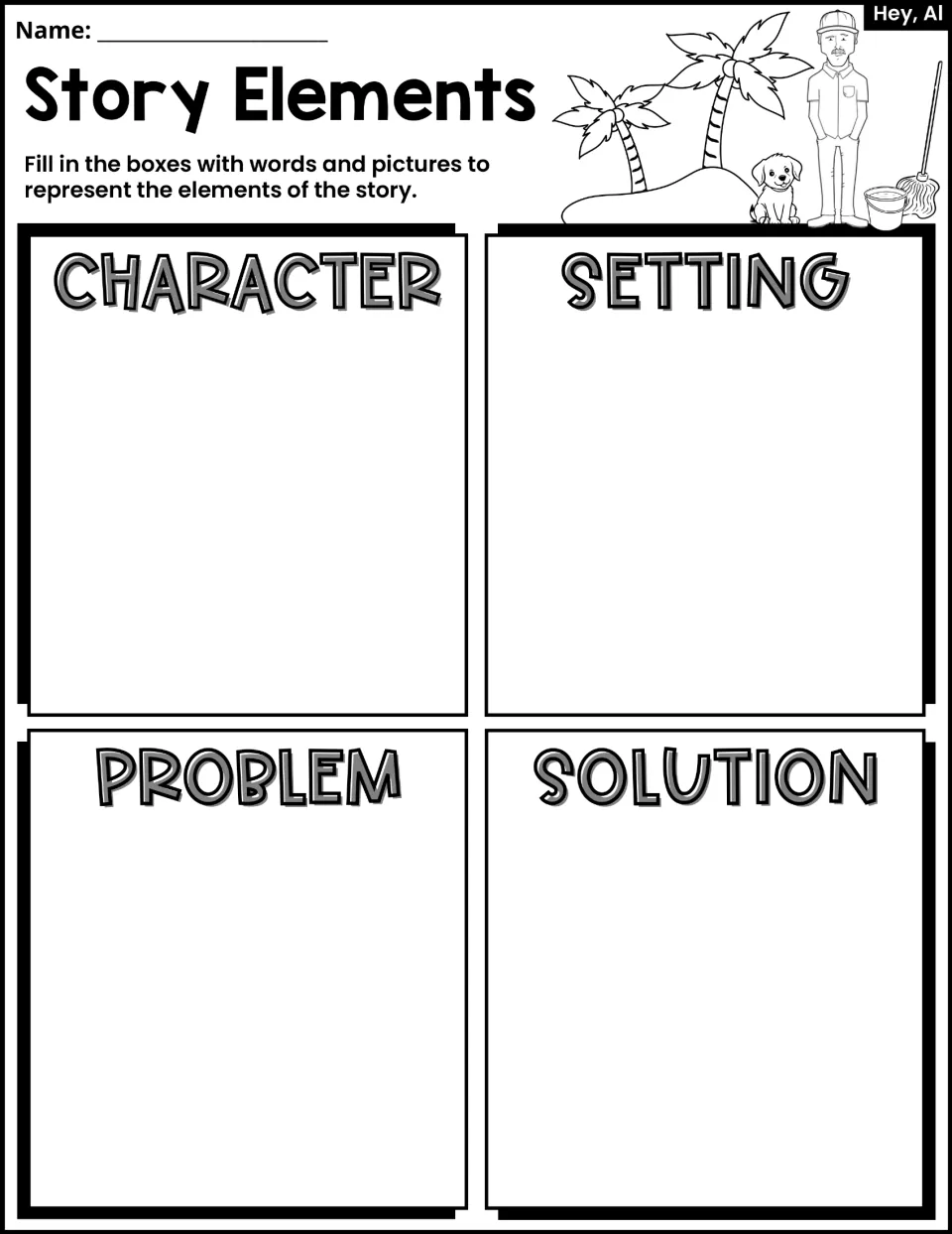 Story Elements activity: use words and pictures to identify the character, setting, problem, and solution