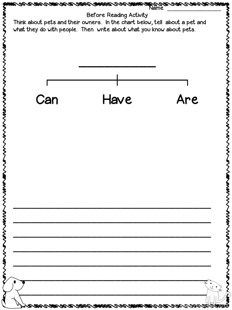 Before reading on pets and owners: students sort what a pet can do, has and is, then write what they already know