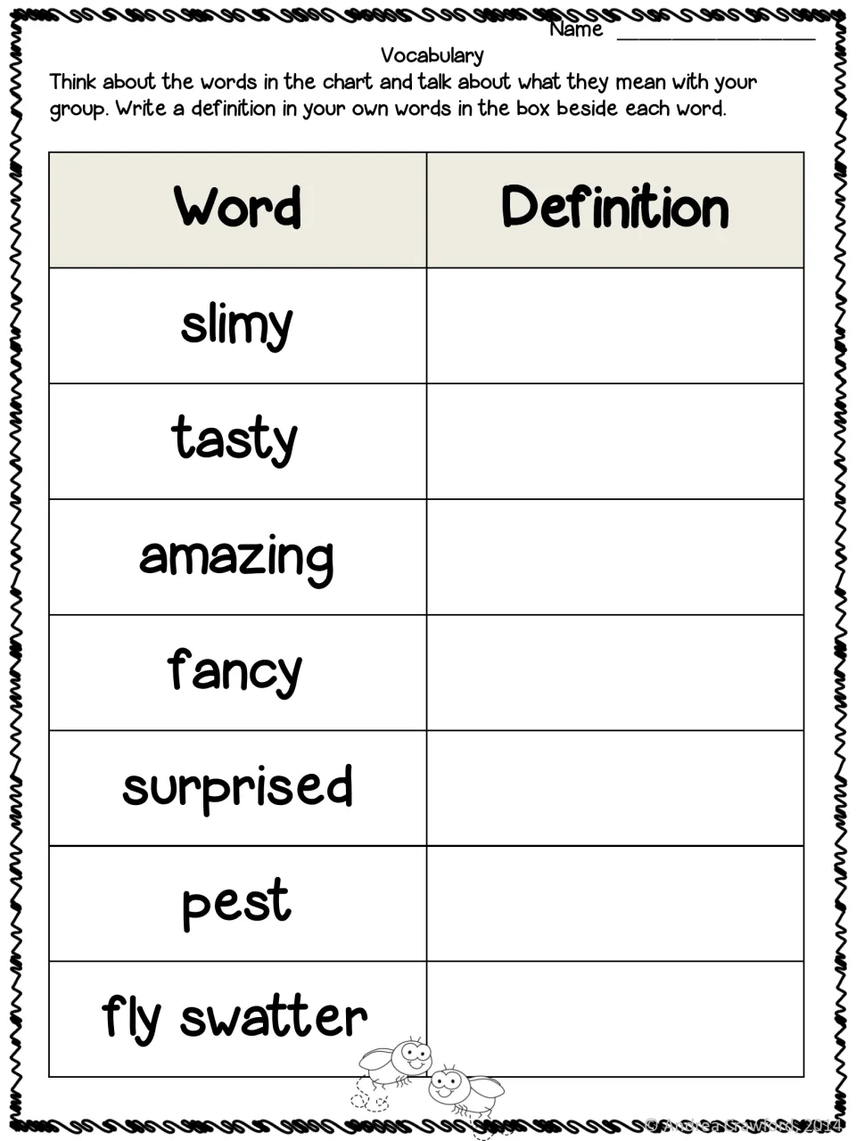 Vocabulary: students discuss and define slimy, tasty, amazing, fancy, surprised, pest and fly swatter in their own words
