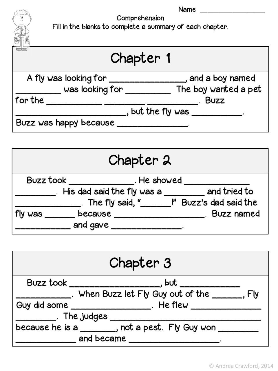 Cloze summaries with longer blanks: students complete phrases about Buzz, Fly Guy and the pet show in chapters 1-3