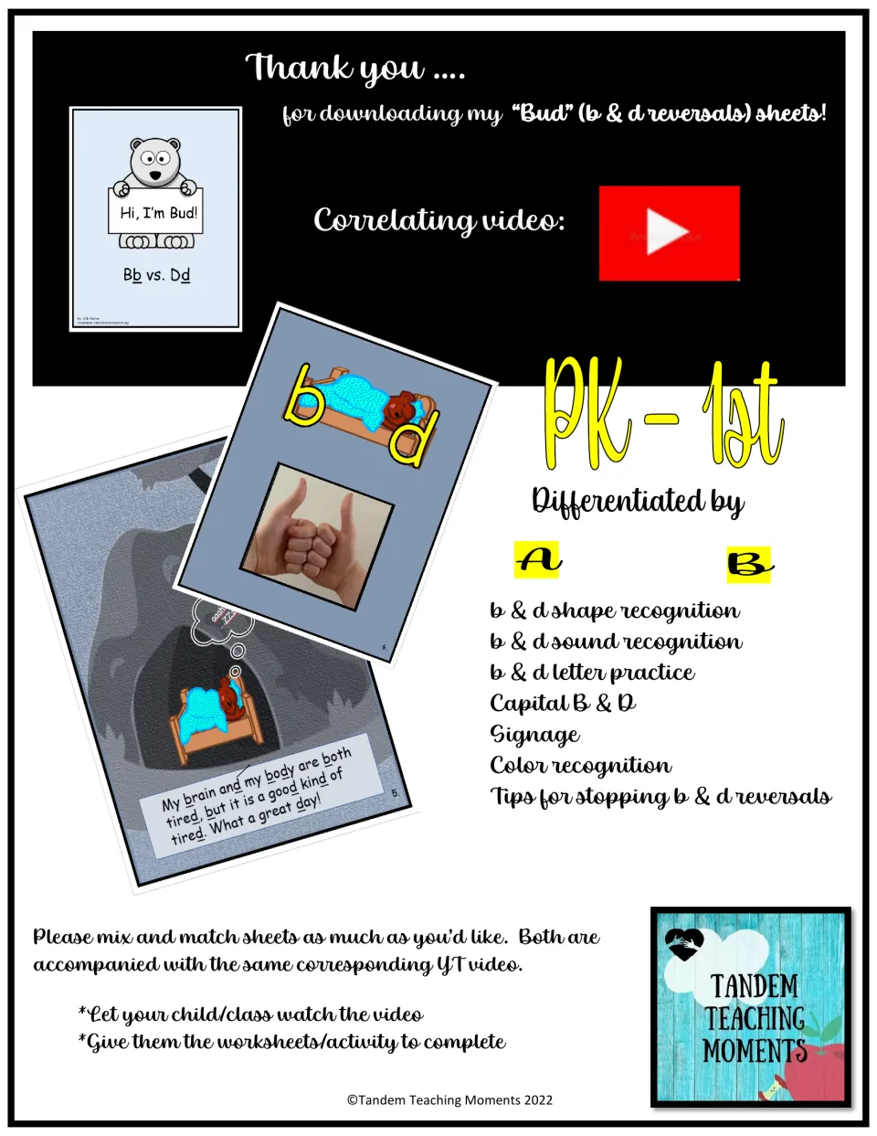 Bud b & d reversals sheets, differentiated A/B: shape, sound and letter practice, capital B & D, color words