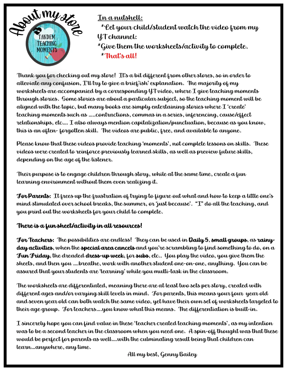 About my store note from Tandem Teaching Moments explaining how to pair each story video with its differentiated sheets