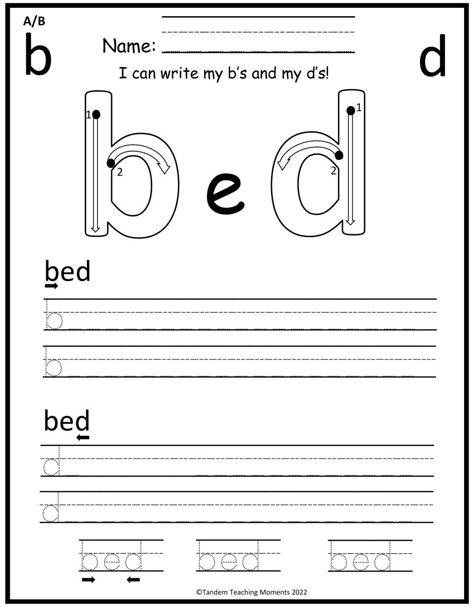 b and d letter formation: students follow numbered strokes on b and d, then trace and write the word bed on lines