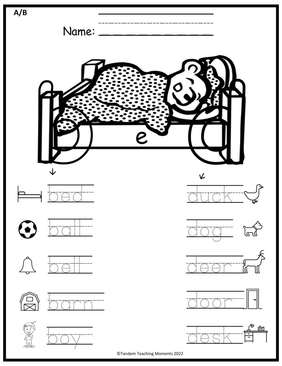 Bear sleeping in a bed shaped like b-e-d; students trace b words (ball, bell, barn, boy) and d words (duck, dog, desk)