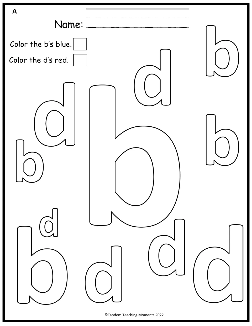 b and d visual discrimination: students color every lowercase b blue and every d red among scattered outline letters