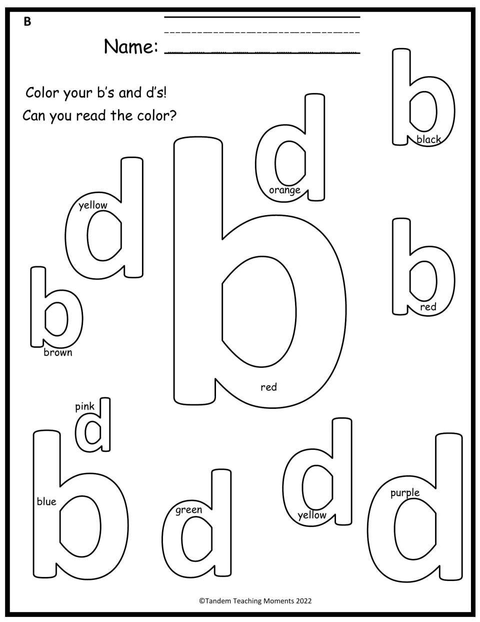 Color-word reading with b and d: students read the color word on each letter, like purple or brown, and color it