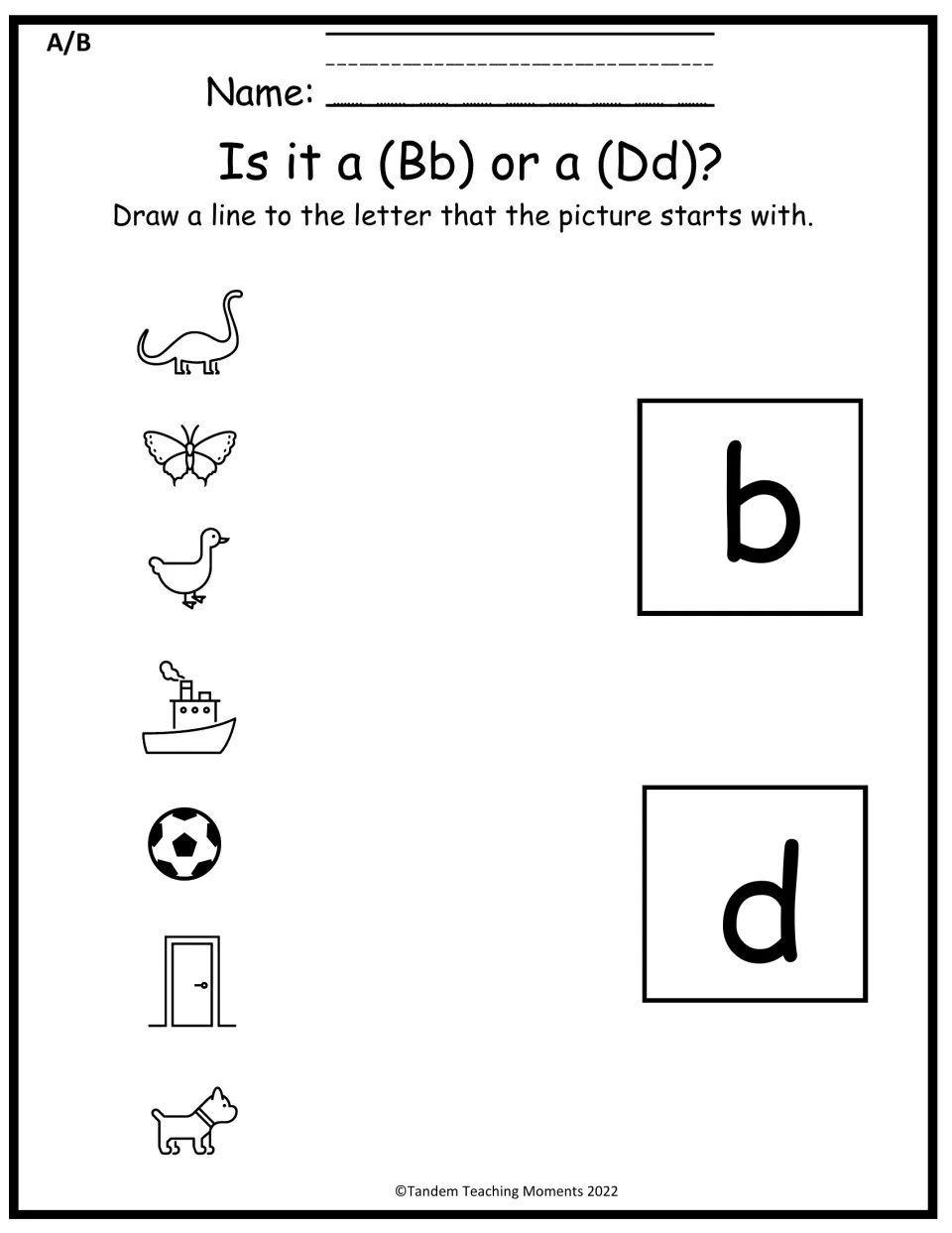 Initial sound b or d: students draw a line from dinosaur, butterfly, duck, boat, ball, door and dog to its first letter