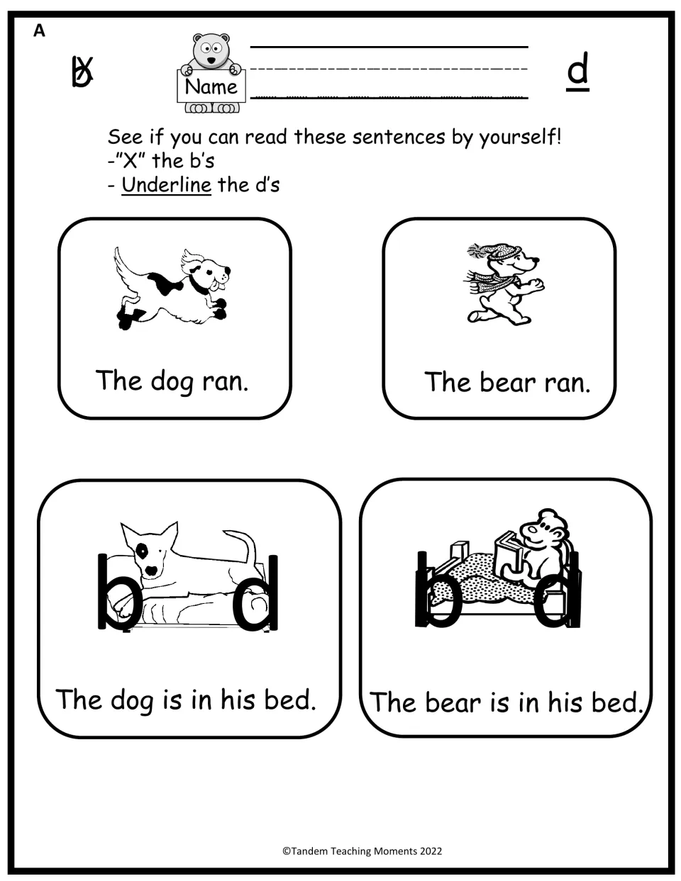 b and d in sentences: students read four dog and bear sentences, mark an X on each b and underline each d