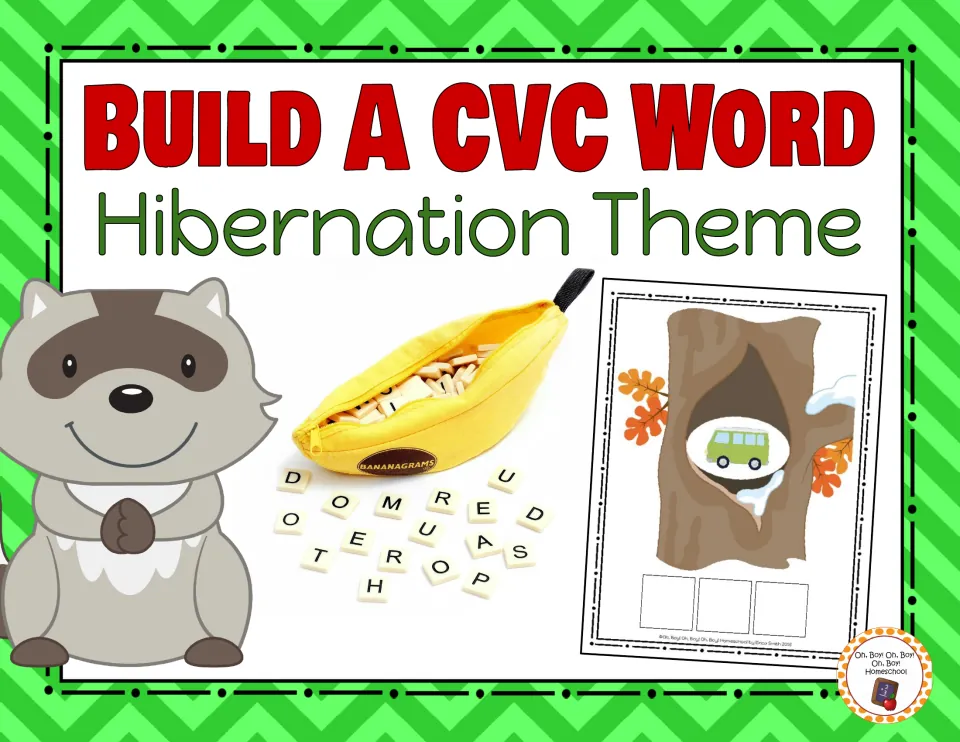 Cover of Hibernation: Build a CVC Word, showing letter tiles and a sample picture card for spelling practice