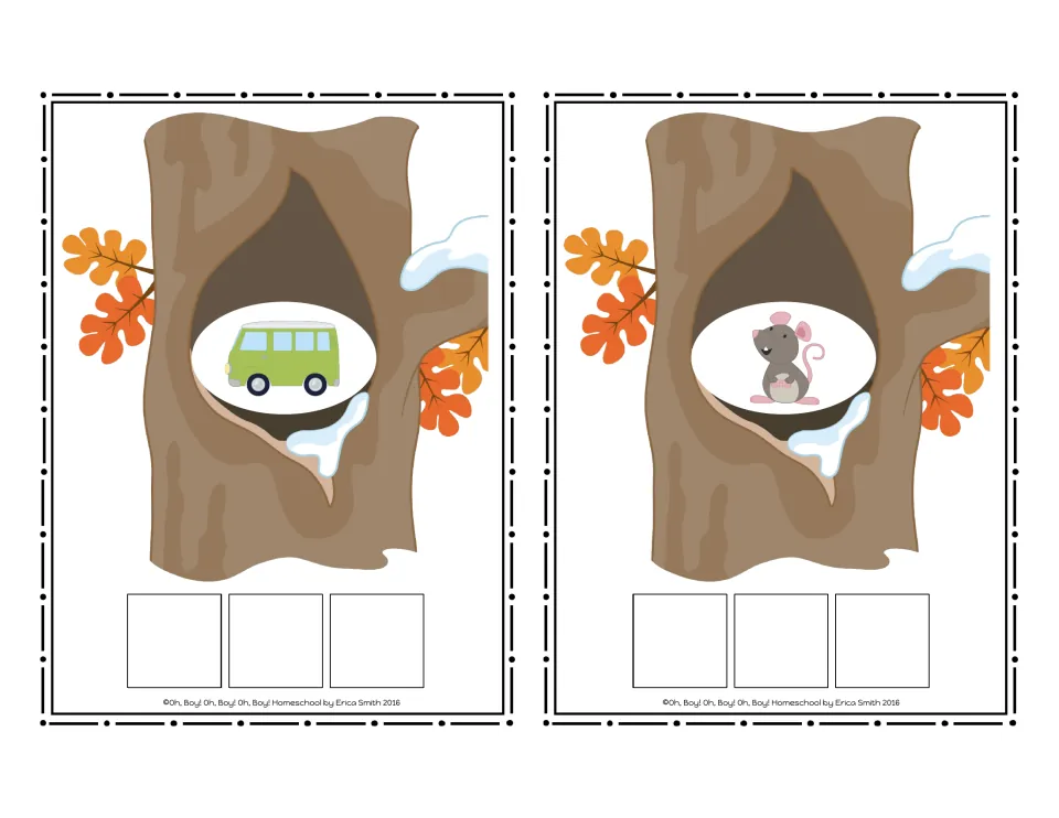CVC picture cards 1–2 in the no-word set show a van and a rat for students to spell using letter tiles