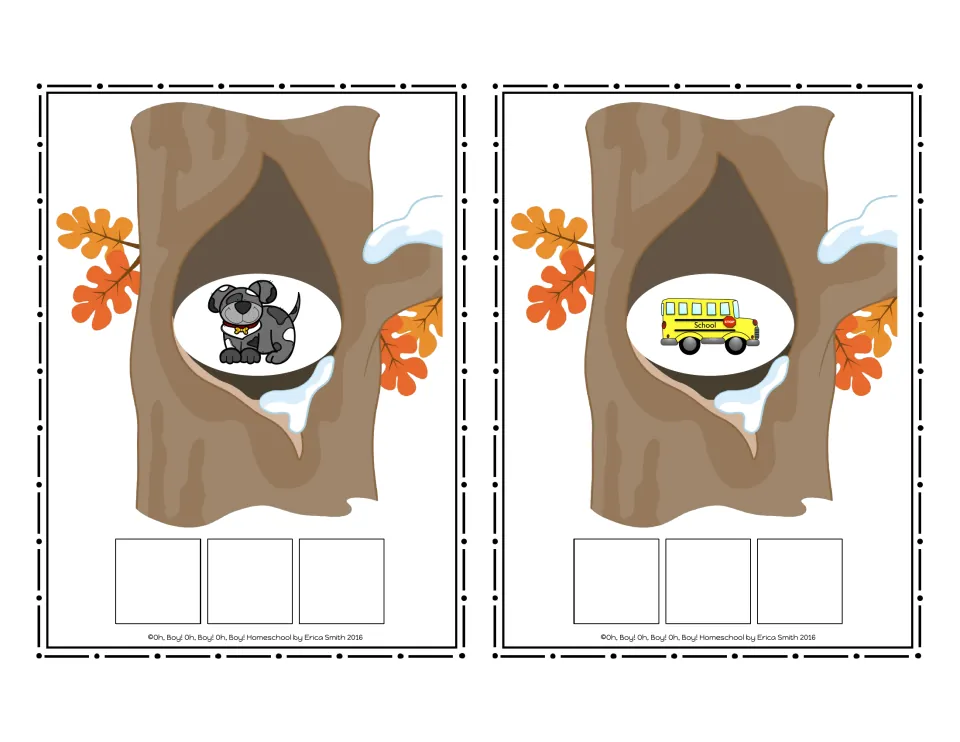 CVC picture cards 3–4 in the no-word set show a dog and a bus for students to spell using letter tiles
