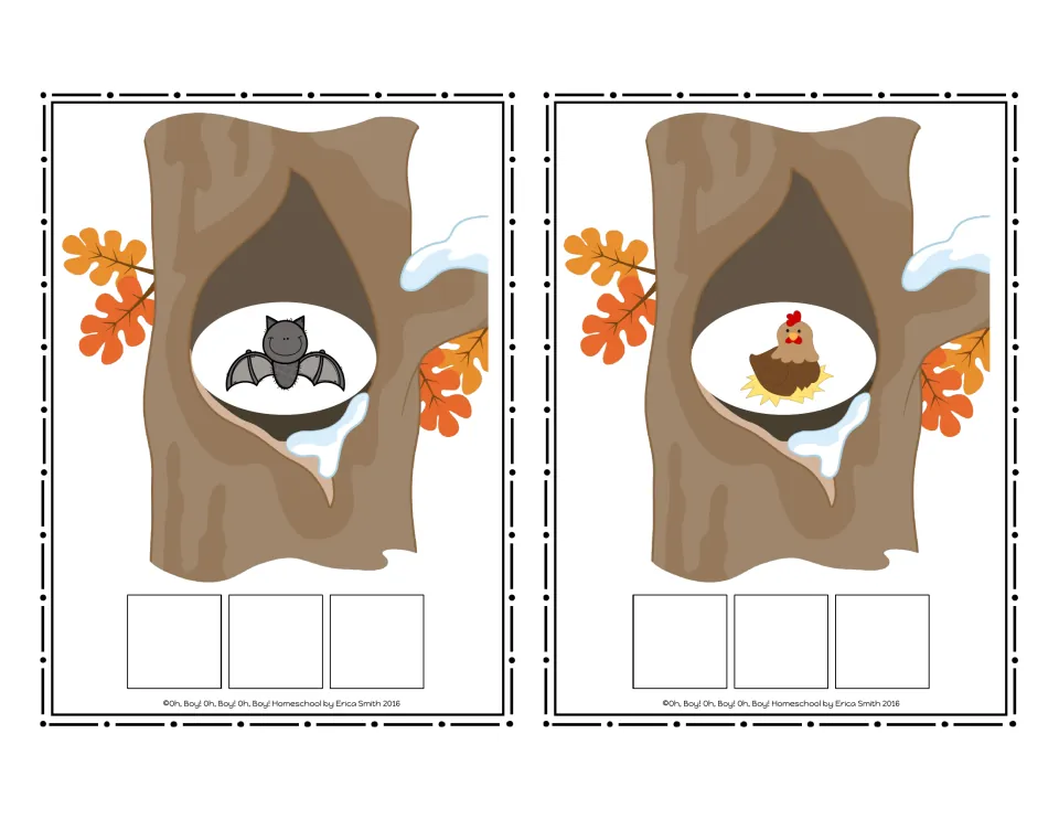 CVC picture cards 7–8 in the no-word set show a bat and a hen for students to spell using letter tiles