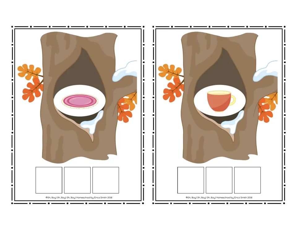 CVC picture cards 11–12 in the no-word set show a rug and a cup for students to spell using letter tiles