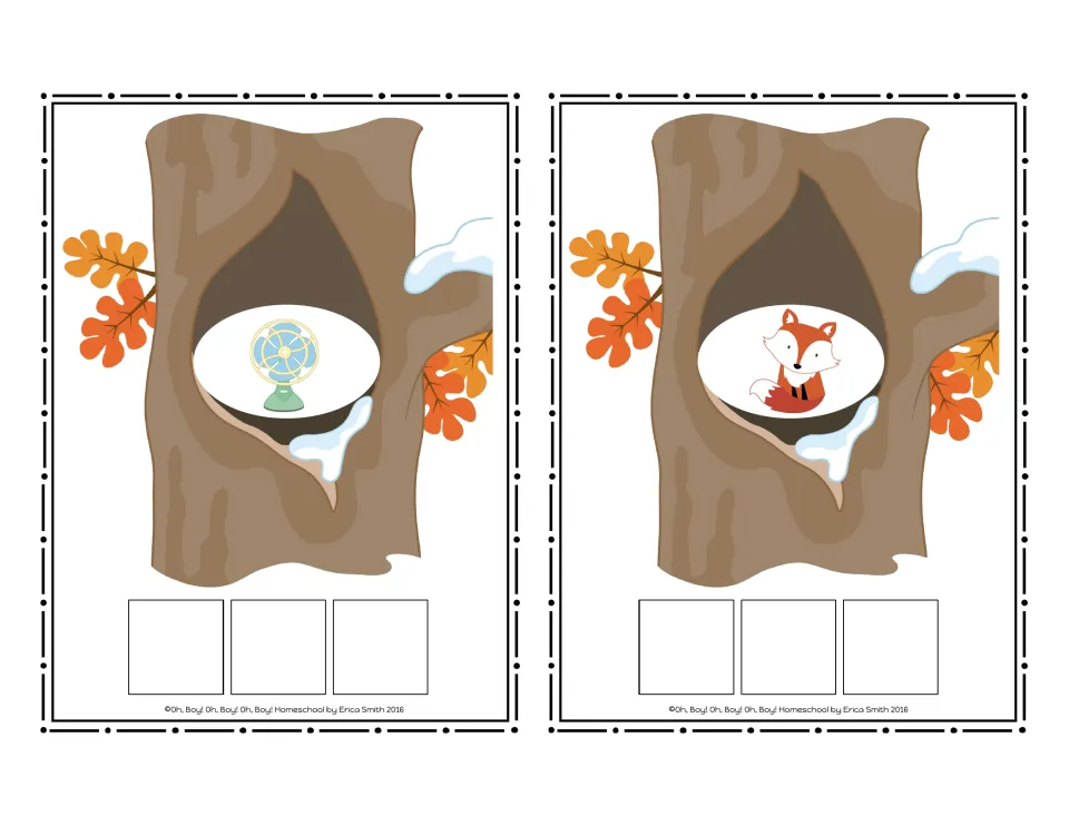 CVC picture cards 13–14 in the no-word set show a fan and a fox for students to spell using letter tiles