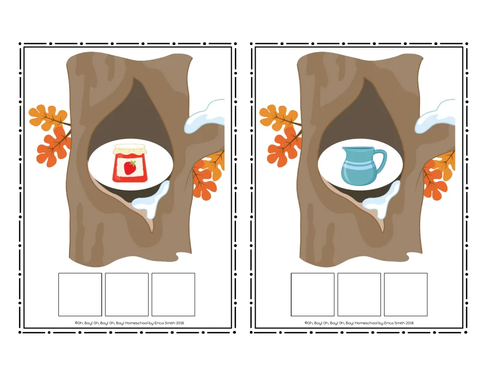 CVC picture cards 15–16 in the no-word set show jam and a jug for students to spell using letter tiles