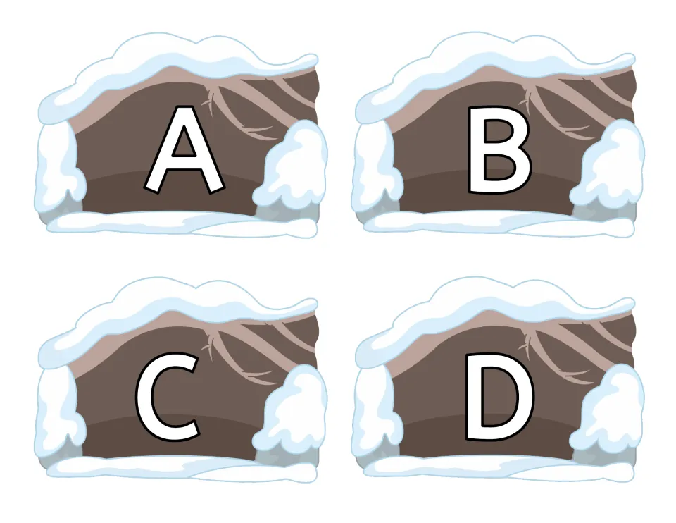Uppercase letters A, B, C and D on snowy cave cards, the habitats where matching lowercase animals are placed