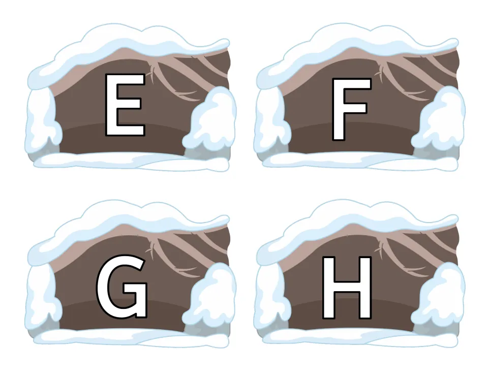 Snowy cave cards for uppercase E, F, G and H, for students to cover with the matching lowercase bear cards